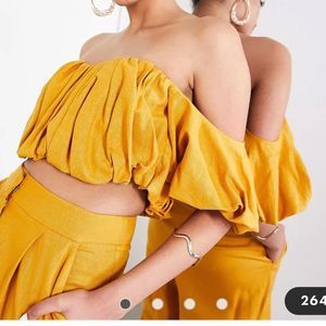 ASOS EDITION puffball off shoulder top mustard -top only Sz12  NWT IN PACKAGING